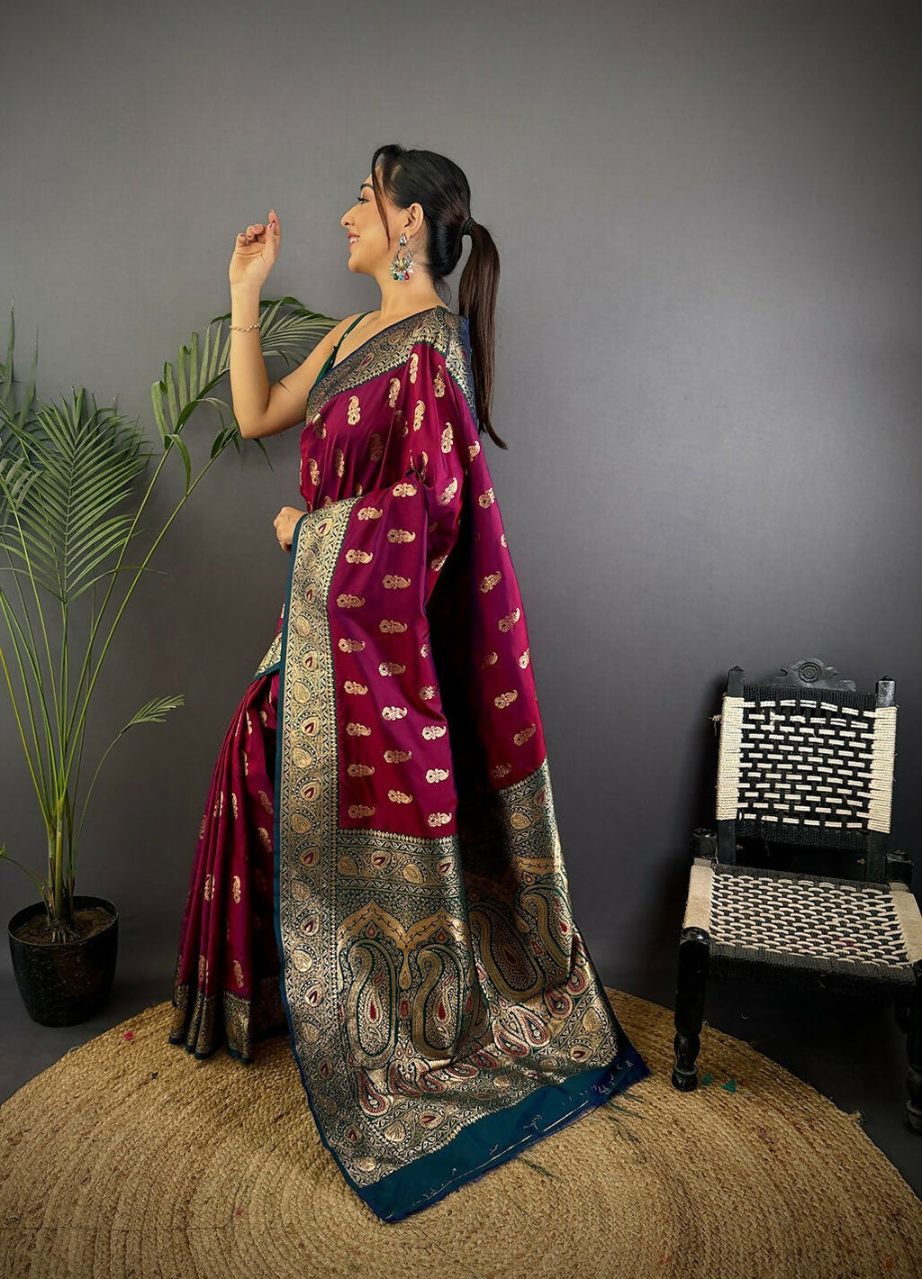 Joban Fashion Banarasi Wine Woven Butti Soft Silk Saree | Grocsy