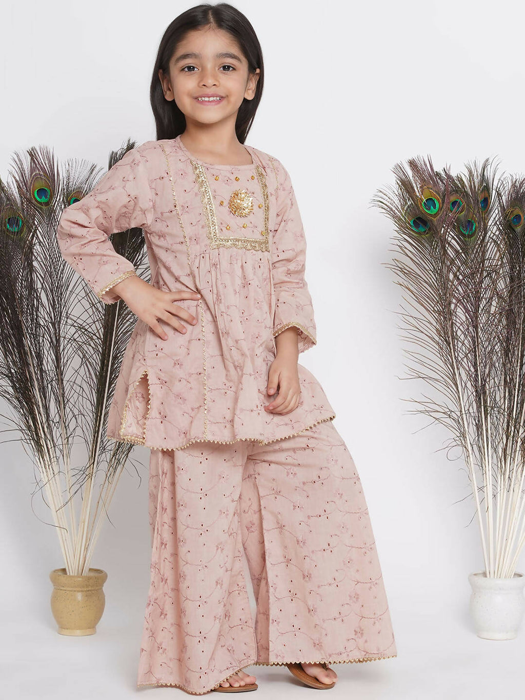 Little Bansi Floral Shiffli Kurta With Plazzo And Dupatta - Brown | Grocsy