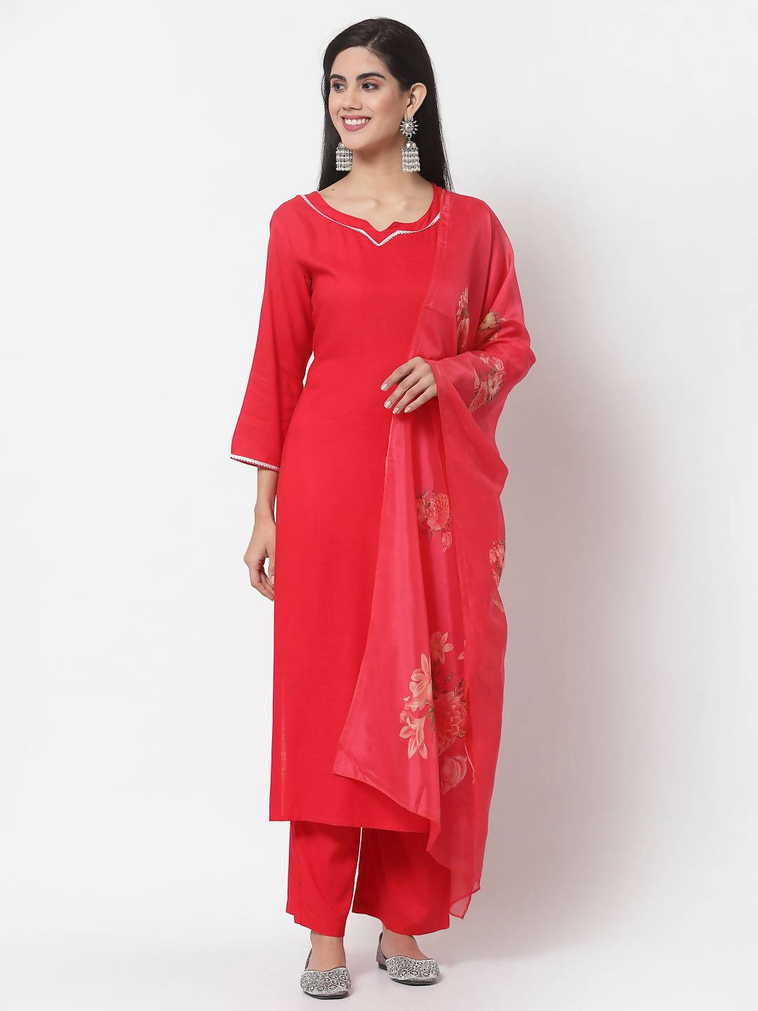 Myshka Red Cotton Solid 3/4 Sleeve Square Neck Casual Kurta Pant Dupatta Set | Grocsy