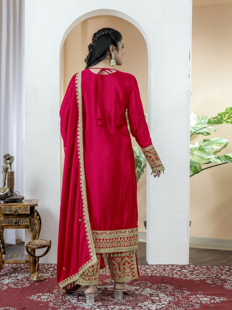 Teeya Creation Red Color Chinnon Silk Embroidery Work Fully Stitched Salwar Suit | Grocsy