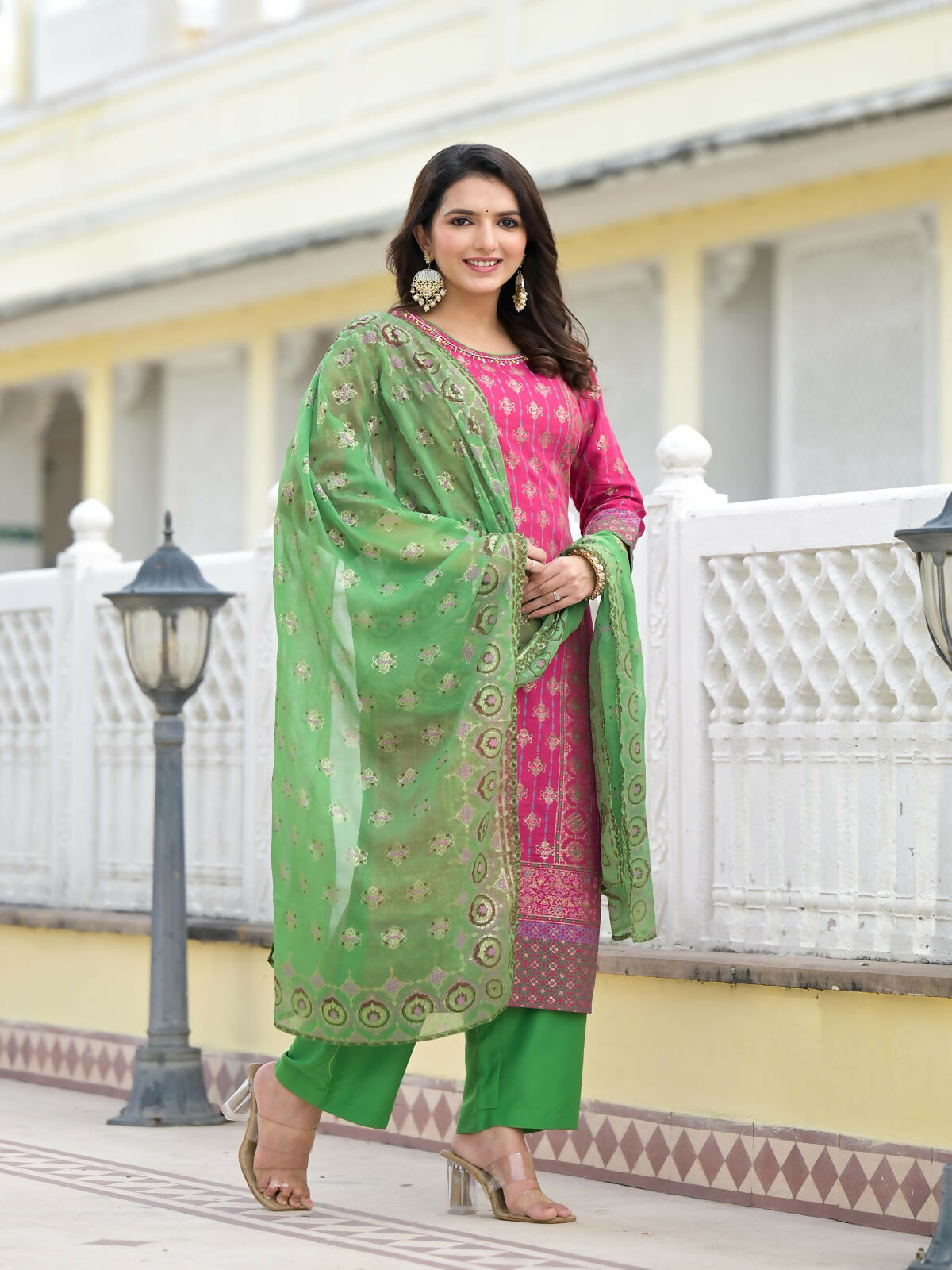 Juniper Women's Fuchsia Ethnic Motif Printed Muslin Kurta Pant With Dupatta Set With Beads & Sequins | Grocsy