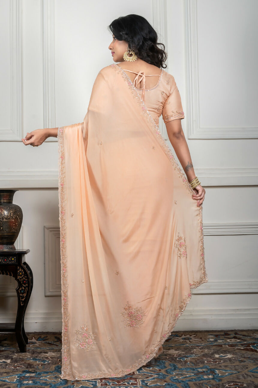 Morchari Beige Chiffon Hand Embroidery Saree And Stitched Blouse | Grocsy