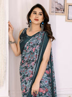 PR Fashion Morpich Bright Moss Satin Patta Printed Saree | Grocsy