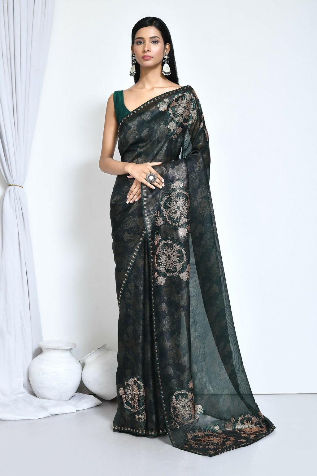 Green Satin Silk Foil Print Festive Saree - Nimaya Denzy | Grocsy