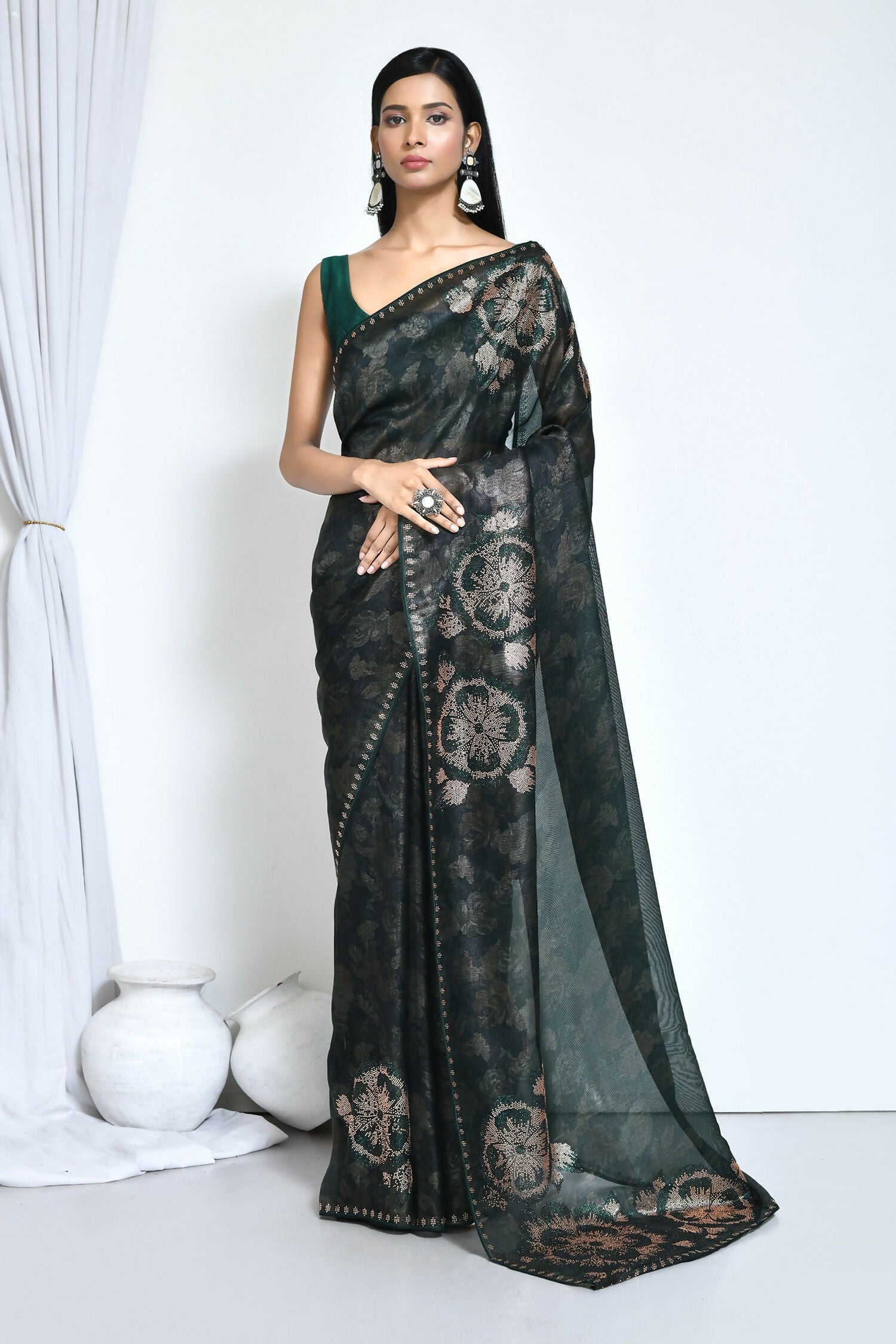 Green Satin Silk Foil Print Festive Saree - Nimaya Denzy | Grocsy