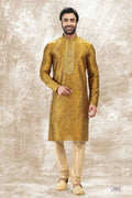Raivat Ethnic Jacquard Silk Brocade Mirror and Thread Work Kurta Pajama In Golden Colour | Grocsy