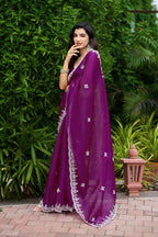 Vastranavya Purple Embroidery Work Shimmer Chiffon Saree with Unstitched Blouse | Grocsy