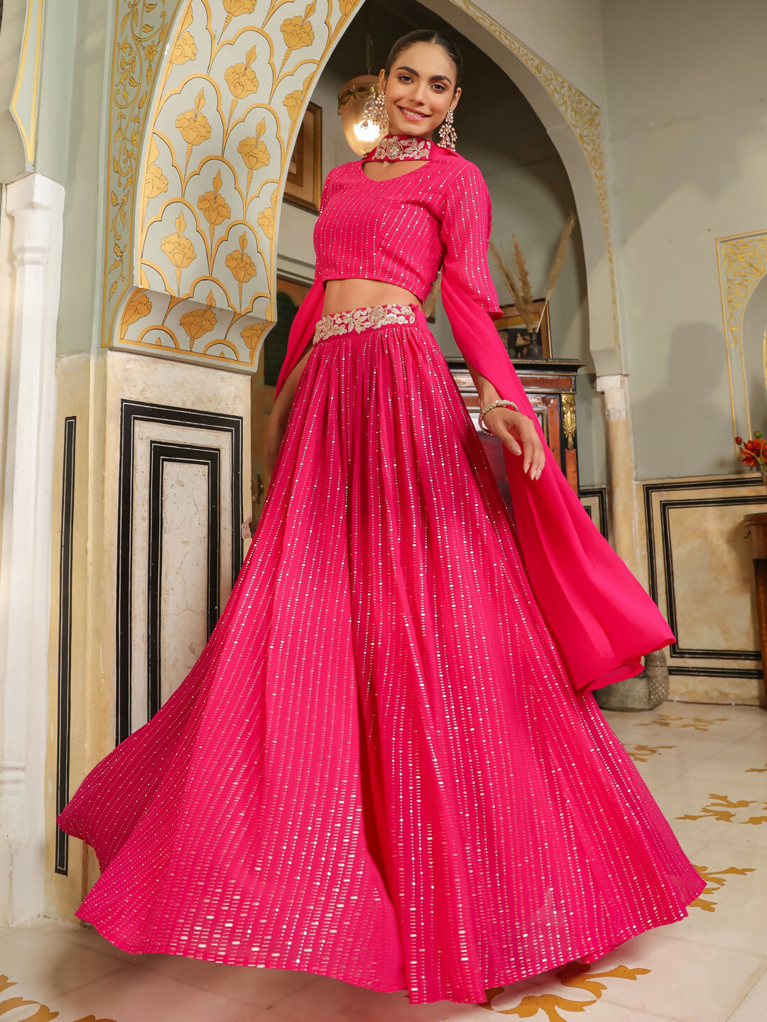 Janasya Pink Georgette Foil Print Lehenga Choli Dupatta | Grocsy