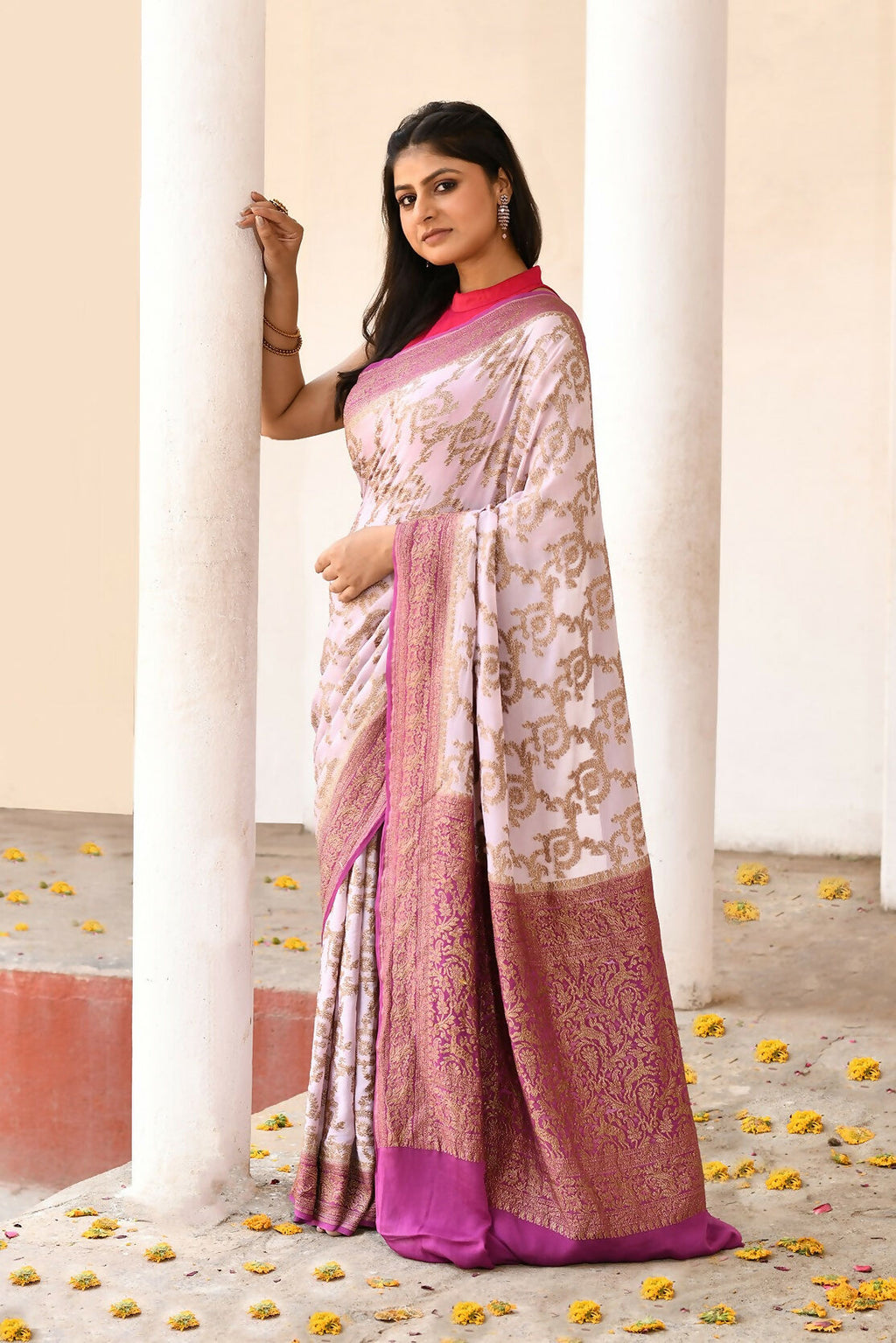 Joban Fashion Pastel Lilac Crepe Chiffon Pure Handloom Banarasi Silk Saree | Grocsy