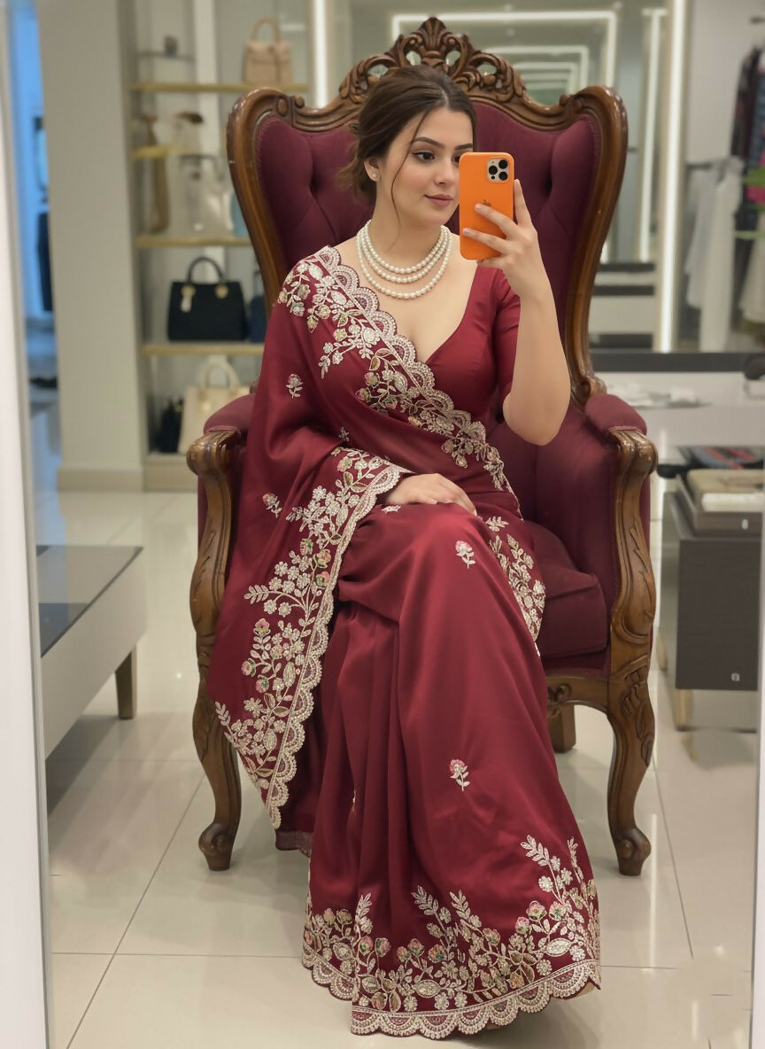 Teeya Creation New Trendy Party Wear Soft Silk Saree-Maroon | Grocsy