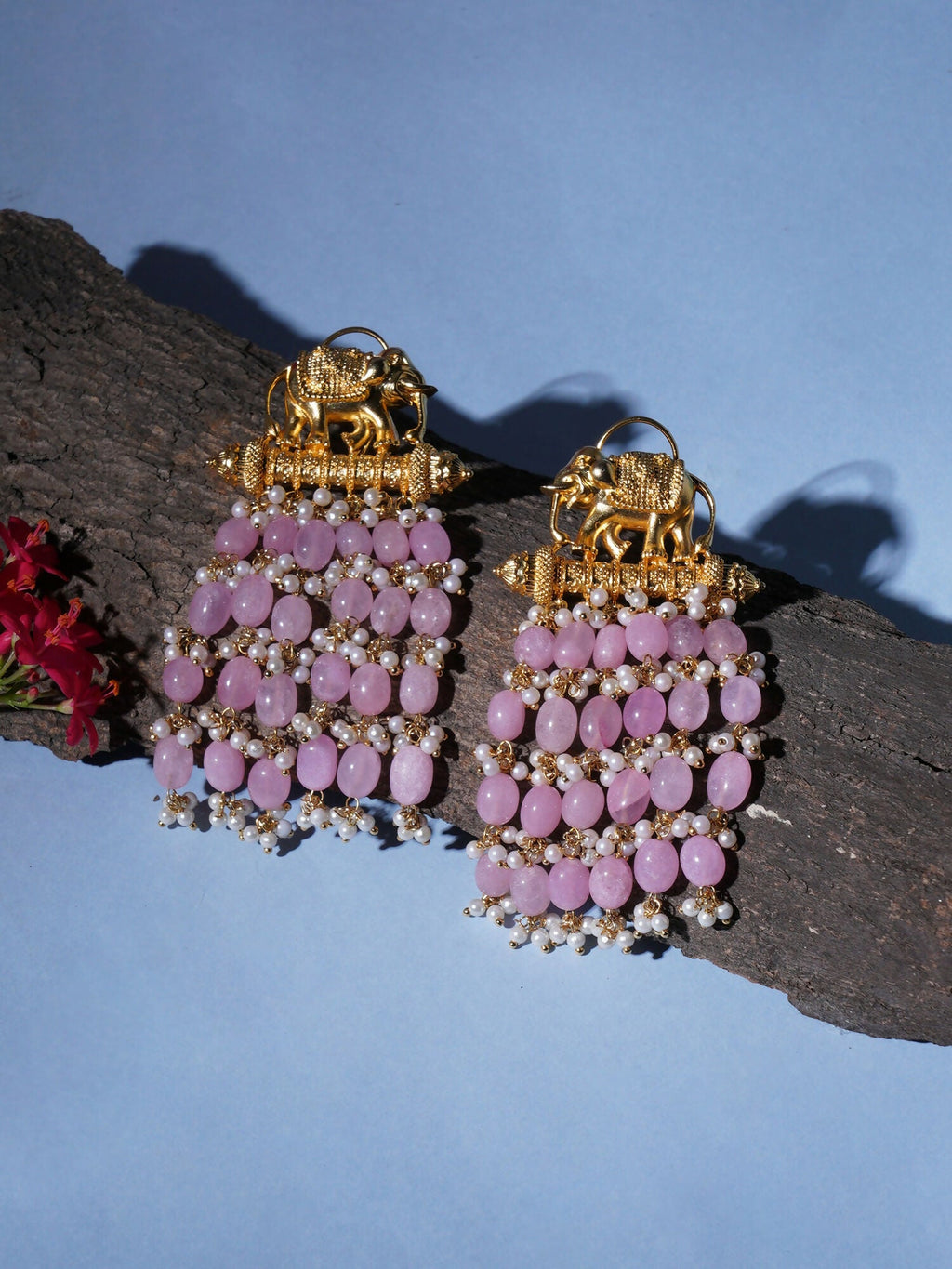 Long Layered Earrings with Elephant Motifs (Pink) - Ruby Raang | Grocsy