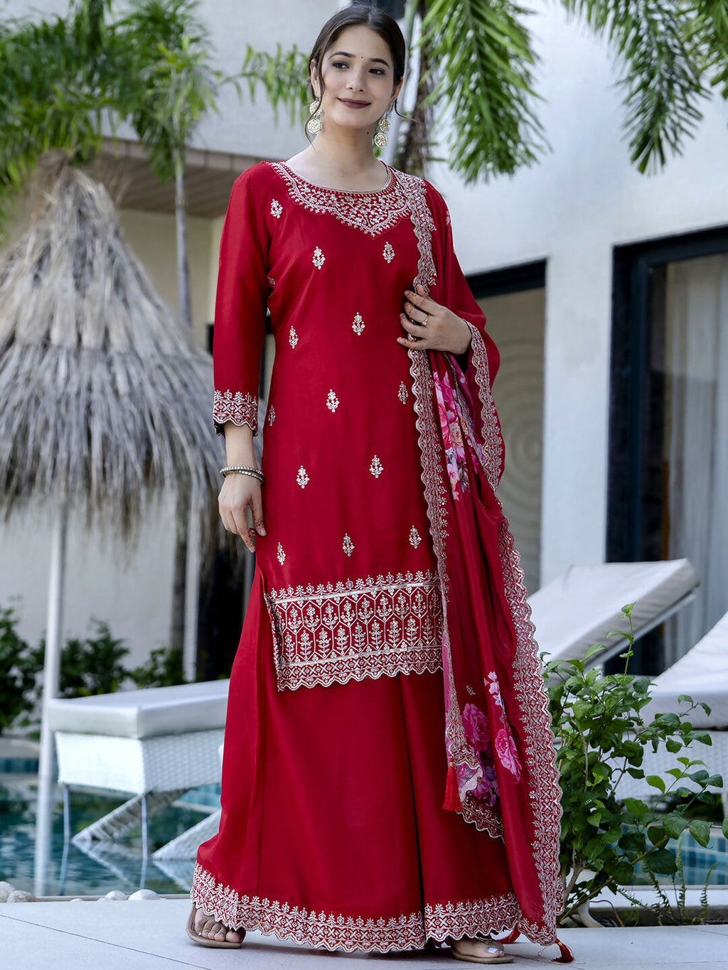 The52 Red Women's Gorgeous Embroidered Vichitra Silk Fabric Straight Kurta, Sharara and Dupatta Set | Grocsy
