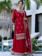 The52 Red Women's Gorgeous Embroidered Vichitra Silk Fabric Straight Kurta, Sharara and Dupatta Set | Grocsy