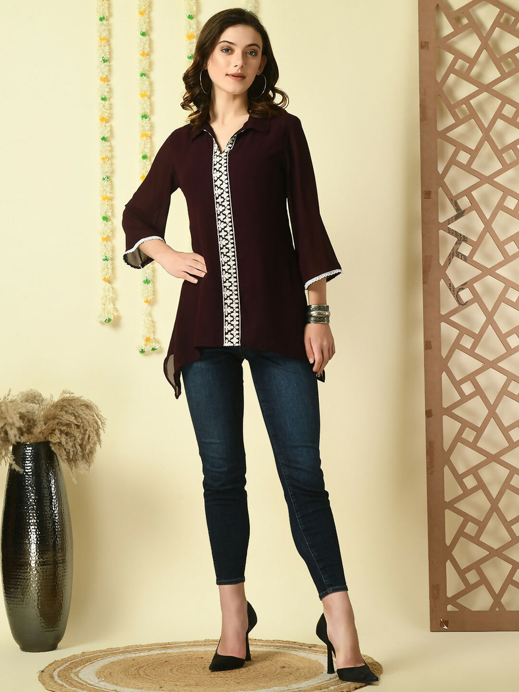 Myshka Women's Coffee Brown Embroidered Party Fusion Top | Grocsy
