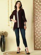 Myshka Women's Coffee Brown Embroidered Party Fusion Top | Grocsy