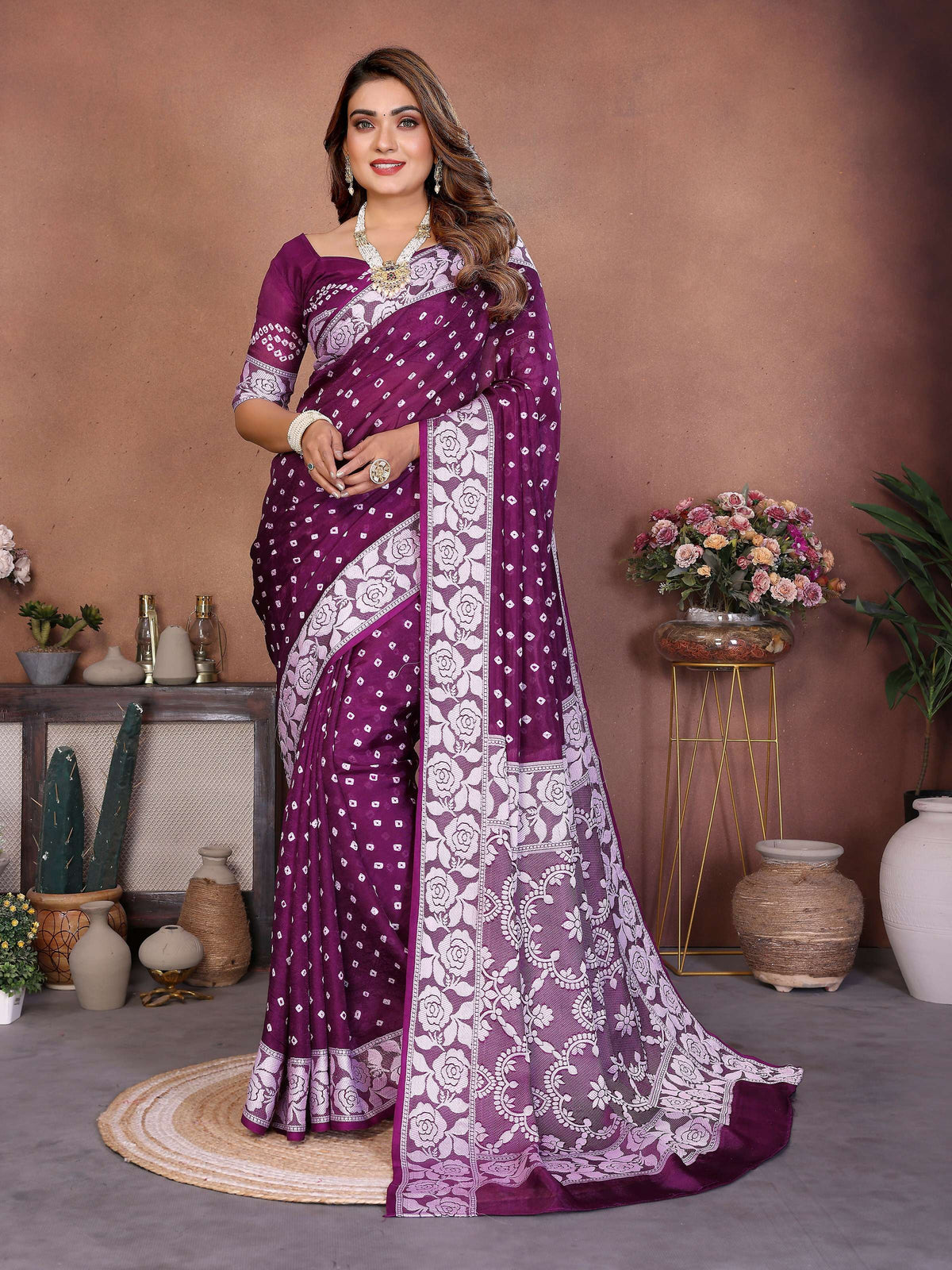 Aastha Fashion Wine Viscose Silk Handmade Original Bandhej Saree | Grocsy