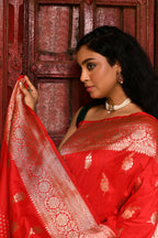 Joban Fashion Red Handwoven & Zari Work Soft Pure Handloom Banarasi Silk Saree | Grocsy