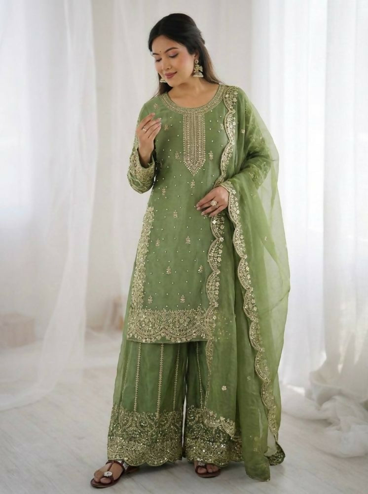 Teeya Creation Parrot Green Color Fendy Silk Embroidery Work Wedding Wear Salwar Suit | Grocsy