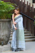 Beatitude Grey Cotton Jacquard Border Tangail Handloom Saree | Grocsy