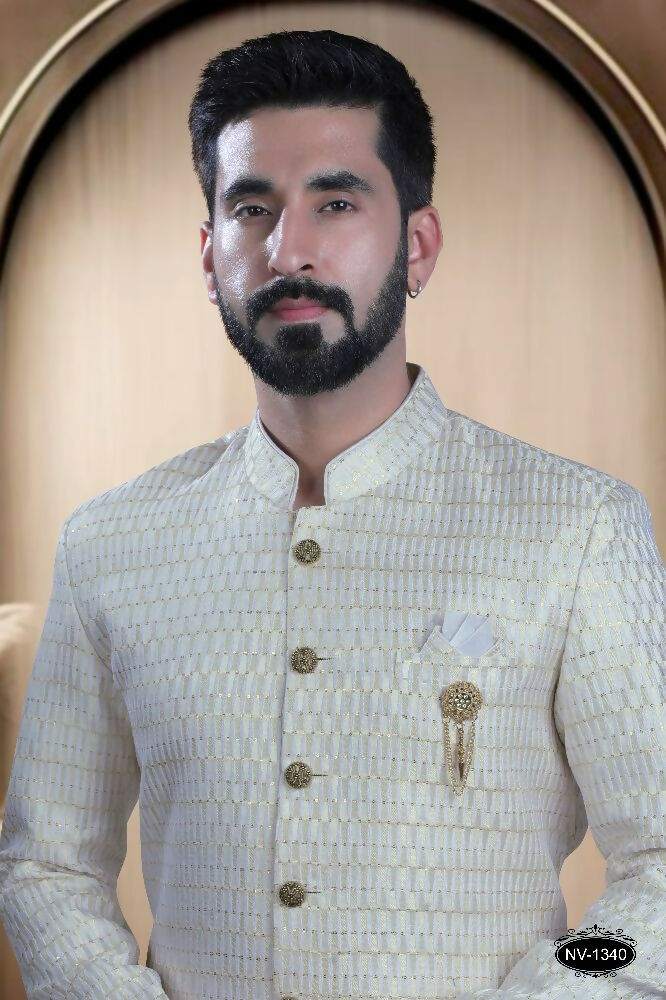 Joban Fashion Men's Yellow & White Cotton Silk Kurta with Pyjama | Grocsy
