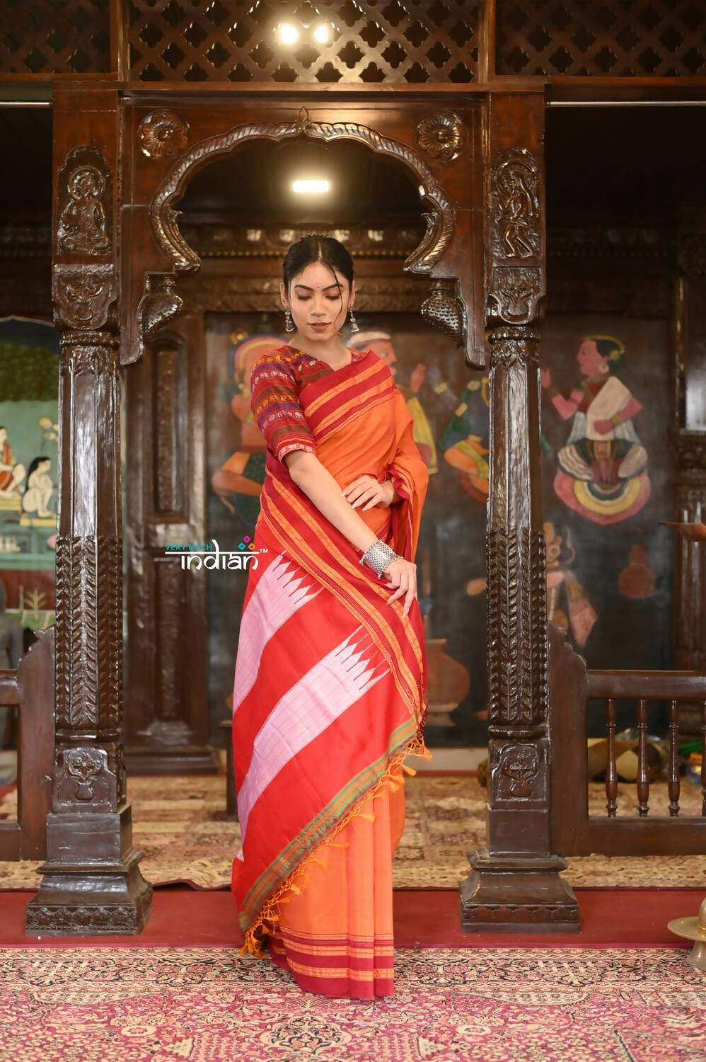 Very Much Indian Handloom Cotton Viscose Ilkal Saree Bright Orange With Red Border | Grocsy