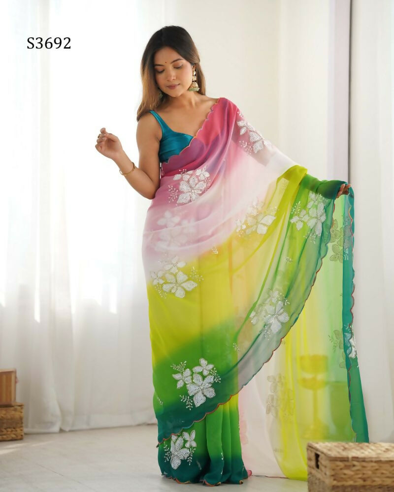 Green Georgette Pedding Color, Embroidery Work Party Wear Saree - Erisha | Grocsy