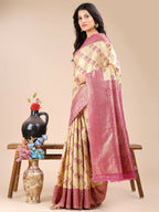 Shree Shyam Fashion Aura Silk Cream Magenta Banarasi Silk Saree | Grocsy