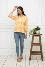 Myshka Women Floral V-Neck Regular Sleeves Polyester Mustard Top | Grocsy