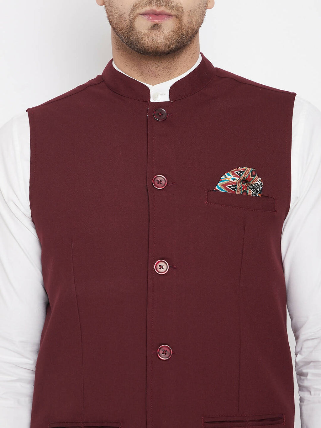 Even Apparels Maroon Merino Men's Nehru Jacket-Contrast Lining-Inbuilt Pocket Square | Grocsy