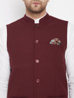 Even Apparels Maroon Merino Men's Nehru Jacket-Contrast Lining-Inbuilt Pocket Square | Grocsy