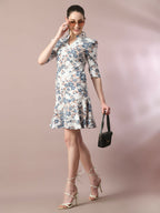Myshka Women's White Printed Shirt Collar Fit and Flare Party Dress | Grocsy