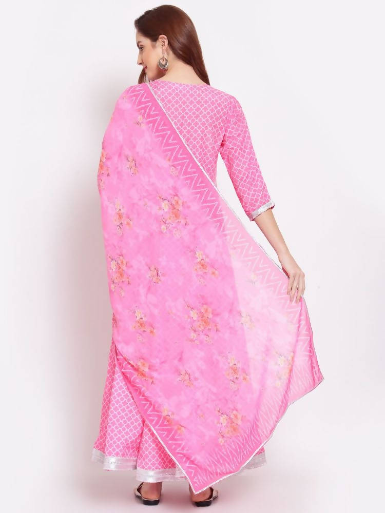 Indian Clothing Myshka Women's Pink Printed Cotton Blend 3/4 Sleeve V Neck Casual Anarkali Kurta Dupatta Set | Grocsy