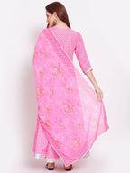 Indian Clothing Myshka Women's Pink Printed Cotton Blend 3/4 Sleeve V Neck Casual Anarkali Kurta Dupatta Set | Grocsy