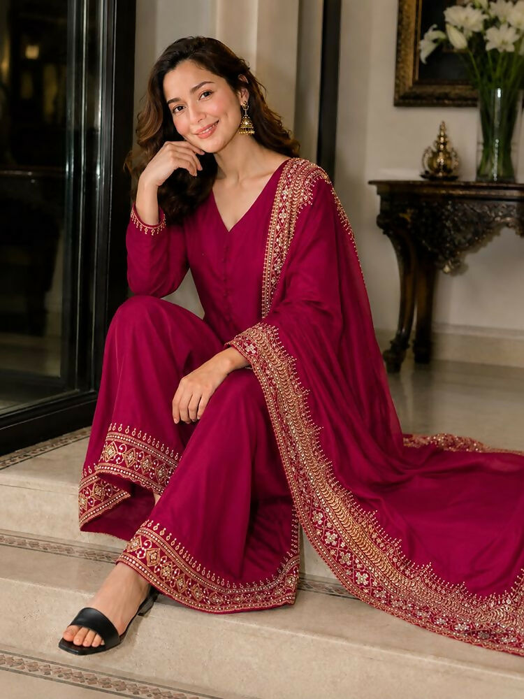 Teeya Creation New Latest Stylish Classic Rani Pink Festive Kurta Set with Gold Zari Border Palazzo and Dupatta | Grocsy