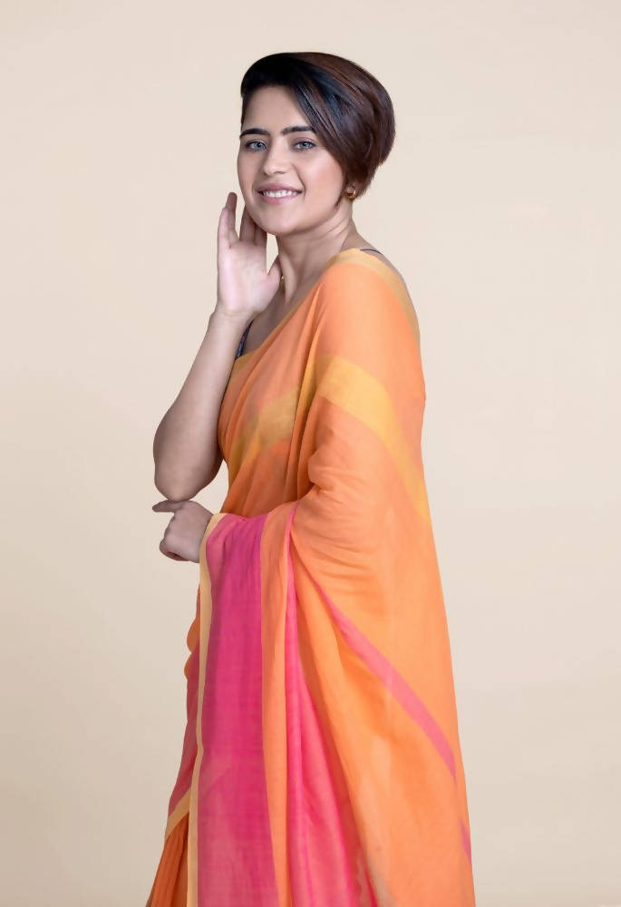 Suta Orange Pink Striped Mul Saree | Grocsy