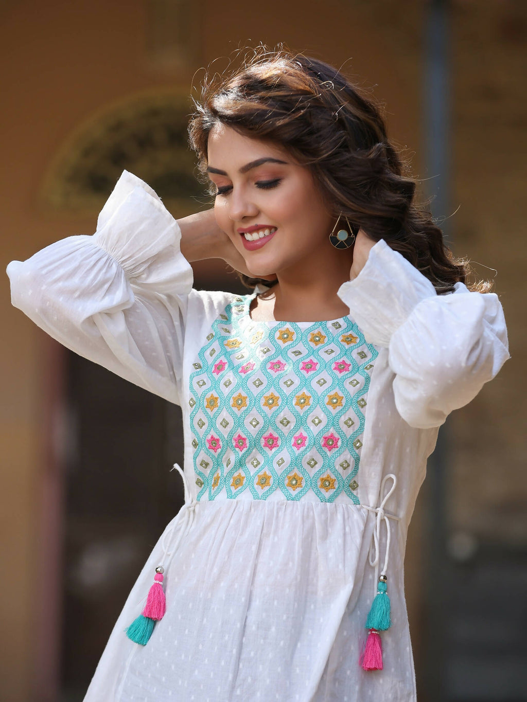 Juniper Women's White Cotton Dobby Solid With Multi Color Embroidered Tunic | Grocsy