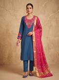 Teeya Creation Women Teal Blue Embroidered Straight Kurta With Magenta Dupatta And Pant Set | Grocsy