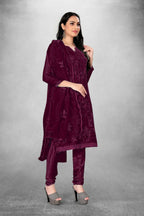 Wine Heavy Organza Silk Embroidered Unstitched Dress Material - Amara | Grocsy