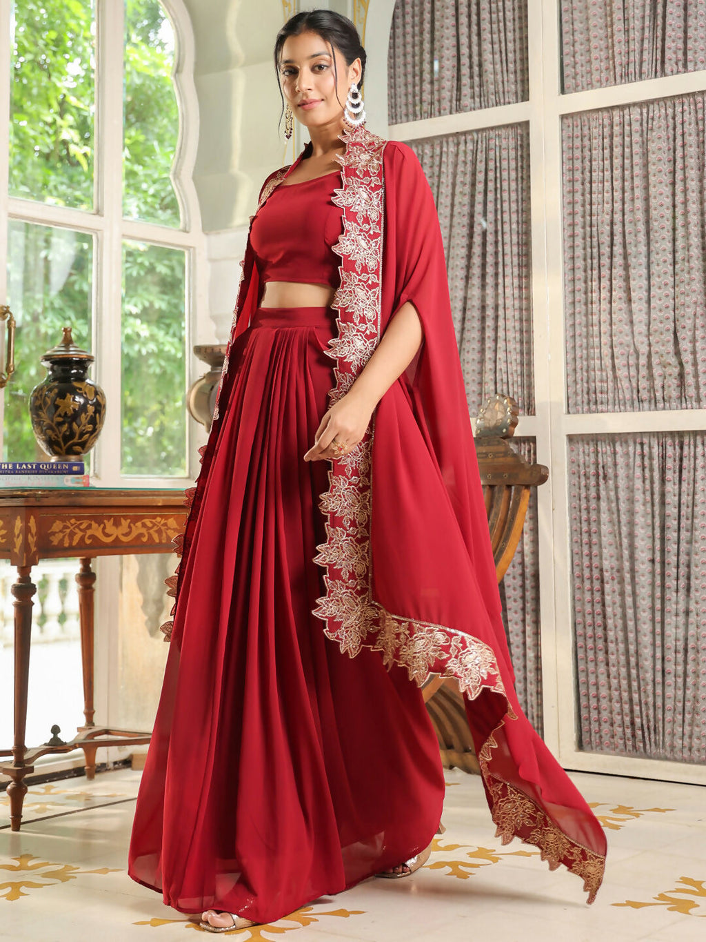 Janasya Maroon Georgette Solid Top Bottom Cape | Grocsy