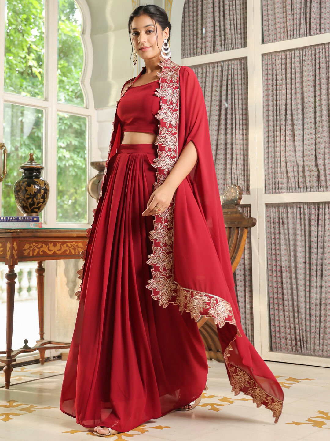 Janasya Maroon Georgette Solid Top Bottom Cape | Grocsy