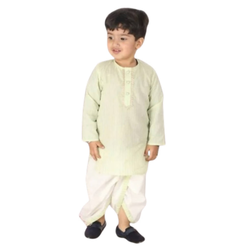 Little Bansi Boys Green and Cream Color Golden Striped Kurta and Dhoti | Grocsy