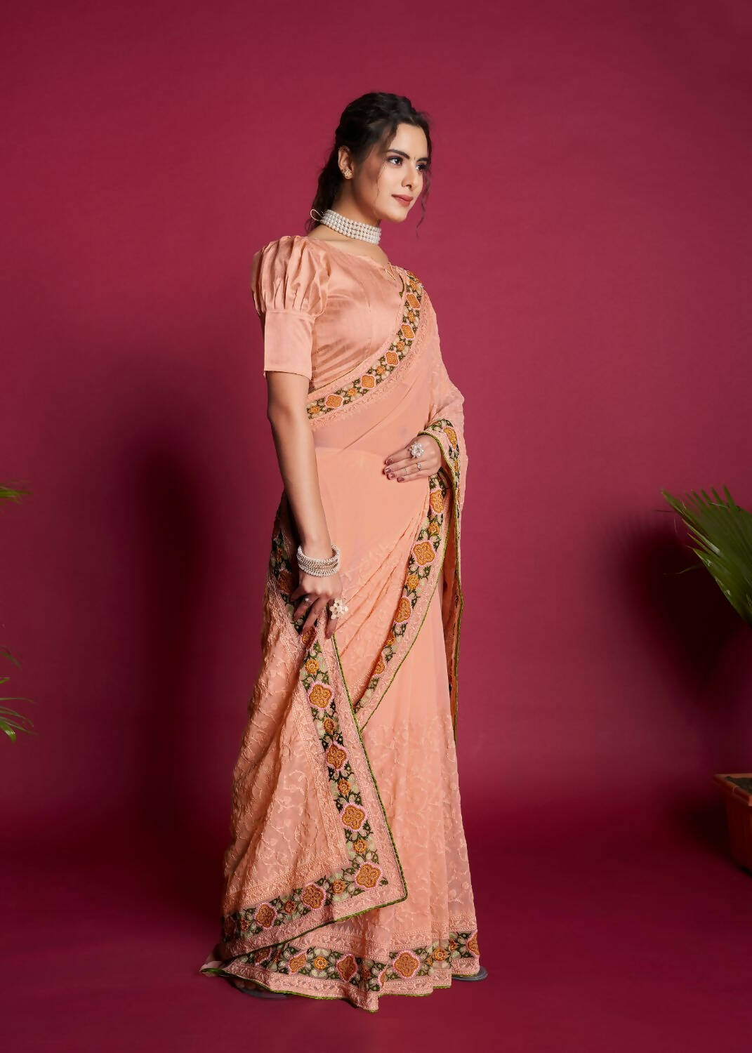 Vamsee Peach Georgette Designer Saree | Grocsy