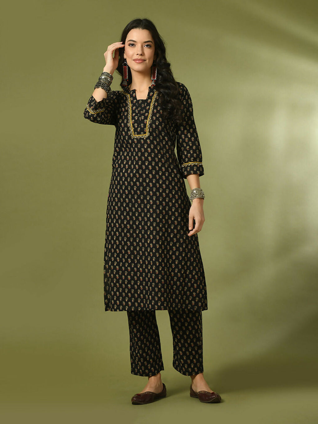 Myshka Women's Black Printed Cotton Straight Party Kurta Set | Grocsy