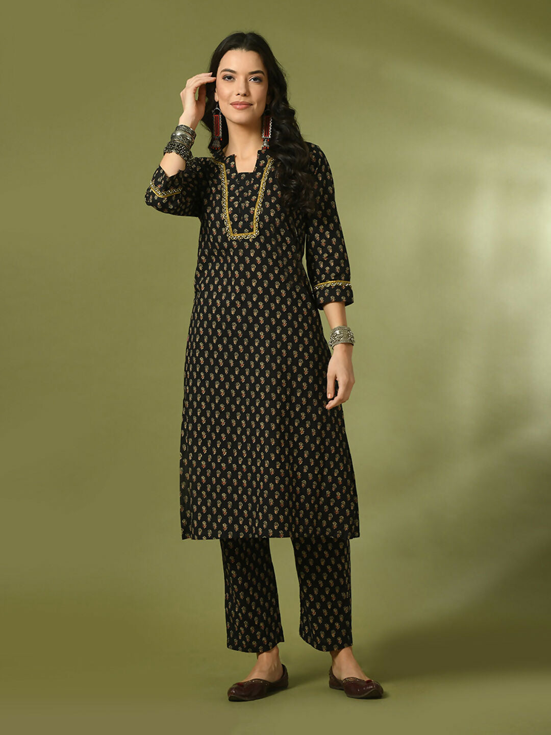 Myshka Women's Black Printed Cotton Straight Party Kurta Set | Grocsy