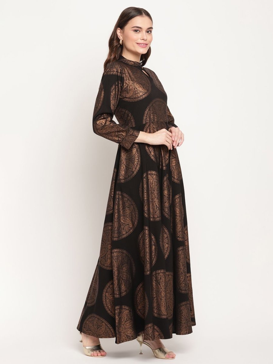 Ahalyaa Women Black Crepe Copper Foil Print Dress | Grocsy