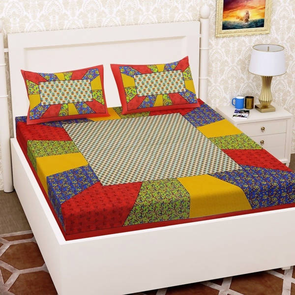 Vamika Printed Cotton Red & Multicolor Bedsheet With Pillow Covers (LEOC_CHOK_R) | Grocsy