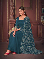 Jyoti Fashion Women's Rama Georgette Embroidered Anarkali Kurta Pant Set With Dupatta | Grocsy