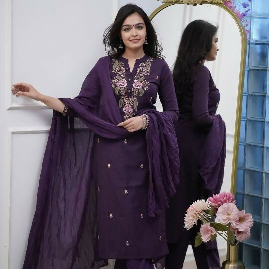 The52 Women's Beautiful Rayon Slub Fabric Embroidery Work Straight Kurta Pant and Dupatta Set | Grocsy