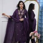 The52 Women's Beautiful Rayon Slub Fabric Embroidery Work Straight Kurta Pant and Dupatta Set | Grocsy