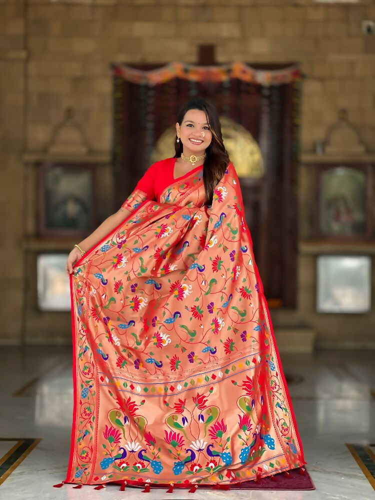 PR Fashion Red Oft Kanjivaram Paithani Silk With Zari Weaving Meenakari Design Saree | Grocsy